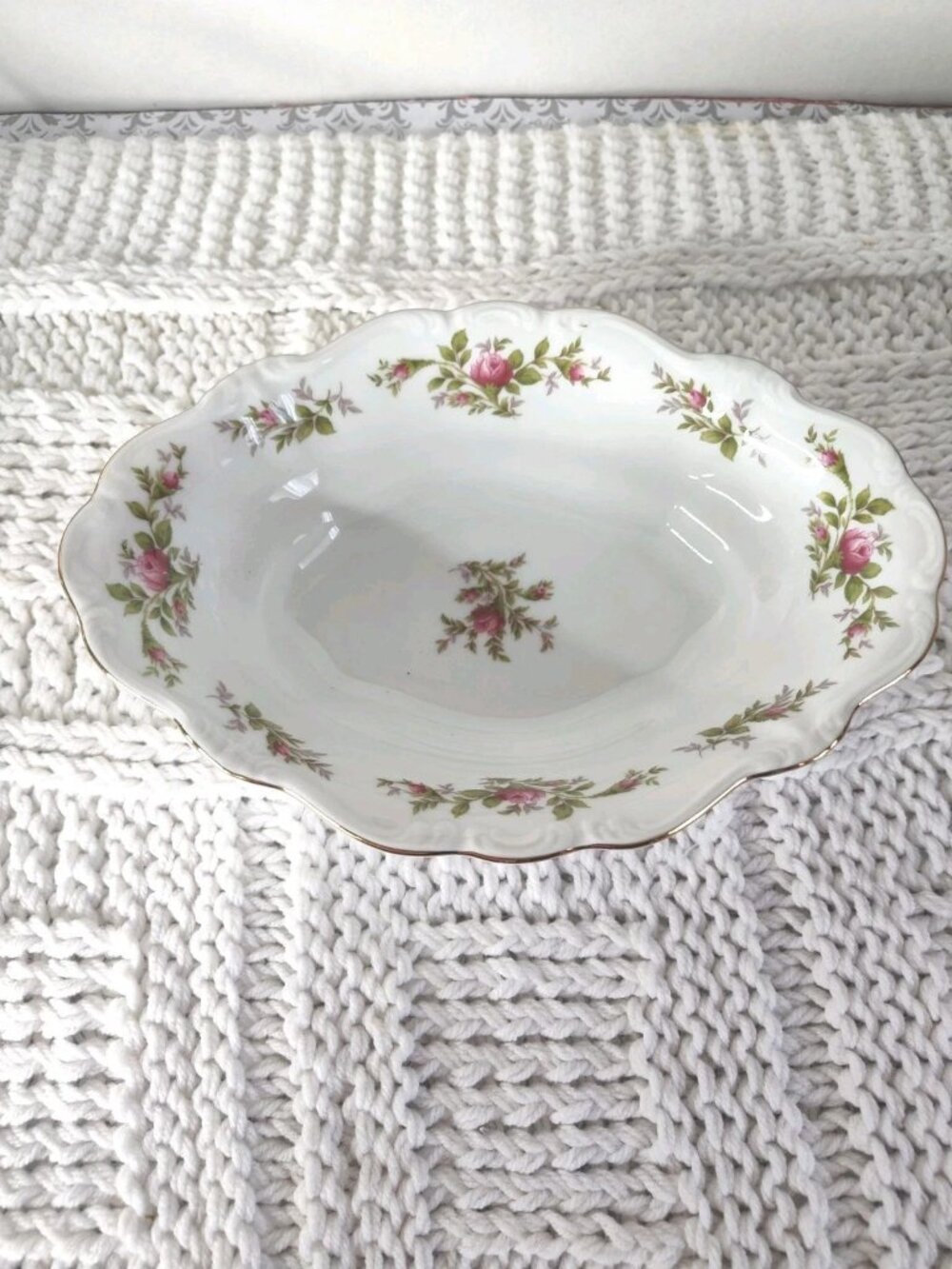 Vintage Johann Haviland Moss Rose Oval Serving Bowl 10-3/4" Gold Rim Germany